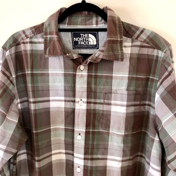 The North Face. Button Down Long Sleeve Shirt. Brown and Green Plaid. Large - Picture 2 of 9